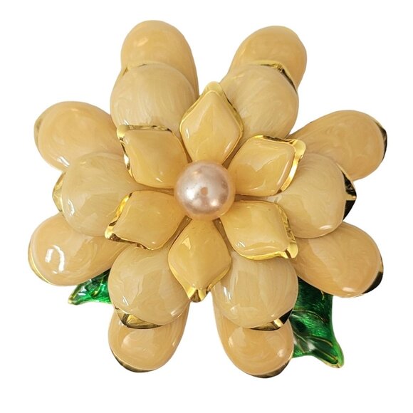 Joan Rivers Gold Tone Peach, Green Enamel Faux Pearl Flower Brooch, Signed M55 - Picture 10 of 10
